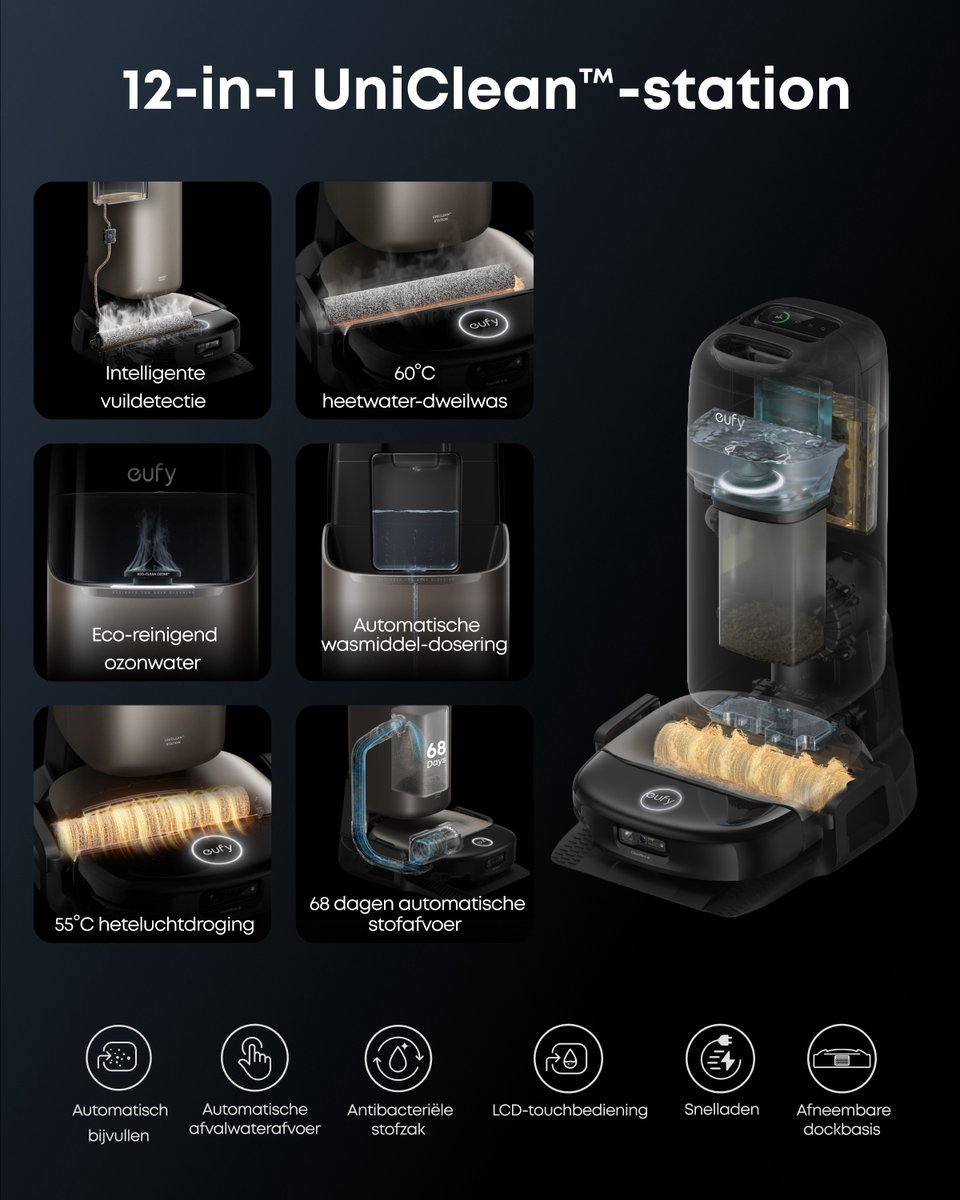 eufy S2 Nieuw 2026 Stofzuiger- en Dweilrobot HydroJet, 30kPa AeroTurbo™ 2.0-Zuigkracht, Vloerreinigingssysteem 2.0, EcoClean™ Elektrolyse, Randreiniging, Haarvrije DuoSpiral™ Borstels, 12-in-1 UniClean™ Station — afbeelding 4
