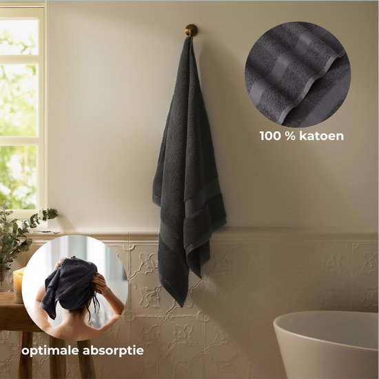 HUSH Living Badhanddoek - per stuk - 70×140 cm - 100% katoen - zware kwaliteit 500g/m2 - stijlvol boord en ophanglus - antraciet