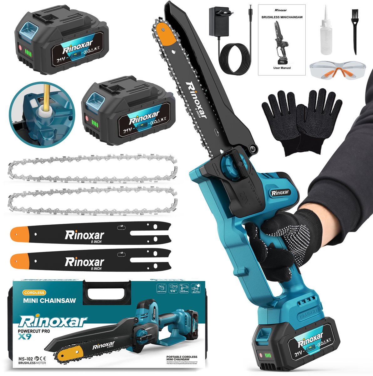 Mini accu kettingzaag voor snoeischaren, 8 inch, 1300W, met 2*4000mAh accu, borstelloze motor en automatische oliepomp, voor tuinwerkzaamheden