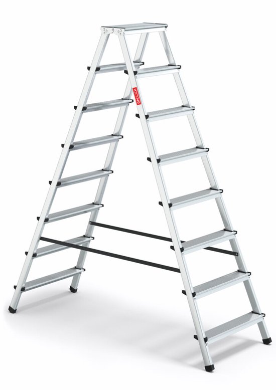 Dubbelzijdige aluminium huishoudtrap met 8 treden en rode BAULICH sticker.