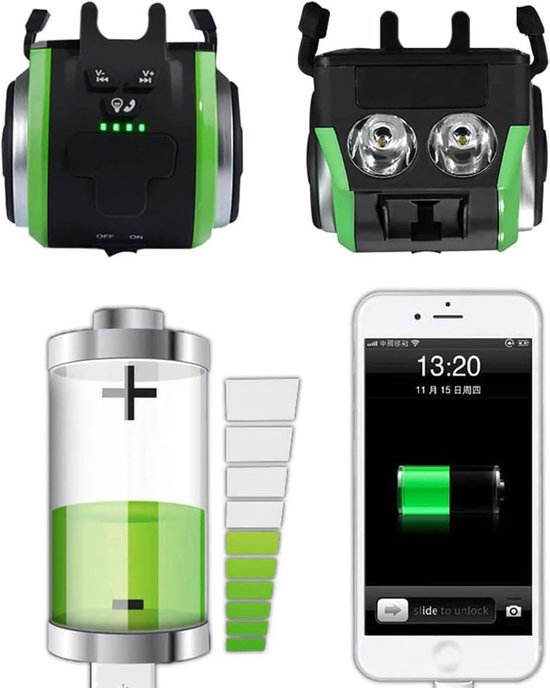 VHV - Fietsverlichting Bluetooth Speaker - LED Fiets Koplamp met Stuurhouder - 400 mAh accu, IPX5 waterbestendig, powerbank functie - voor Mountainbike, E-bike, Stadsfiets en Outdoor Ritten — afbeelding 2