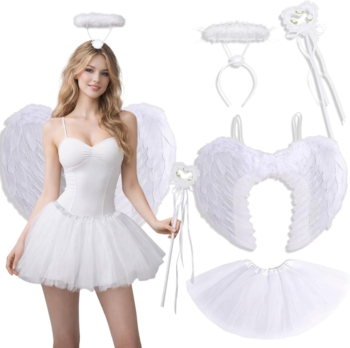 4-delige Engel Kostuumset met Vleugels, Hoorn, Toverstaf en Tutu Rok voor Halloween en Carnaval - Perfect voor Feestjes en Fantasie Dress-up voor Vrouwen