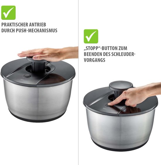 Salade centrifuge - Groente droger - Salade bereiden - Innovatief push mechanisme - 5 liter - Zilverkleurig — afbeelding 4