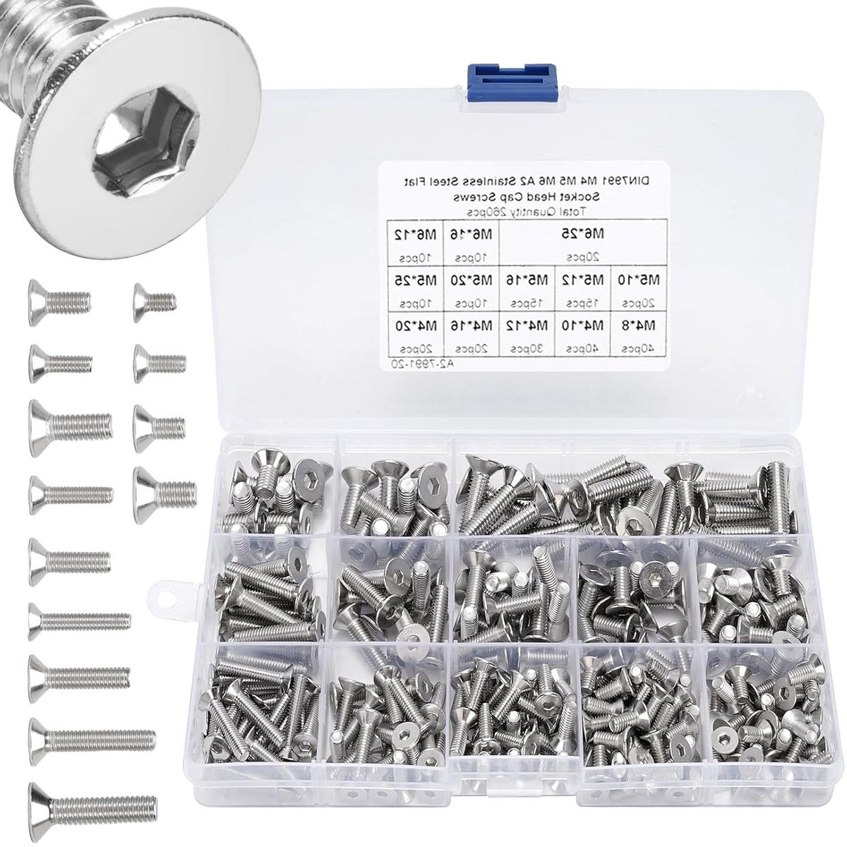 Roestvrijstalen Schroeven - Verzonken Schroevenset - Elektronica Reparatie - Binnenzeskant Kop - 260 Stuks - Zilver