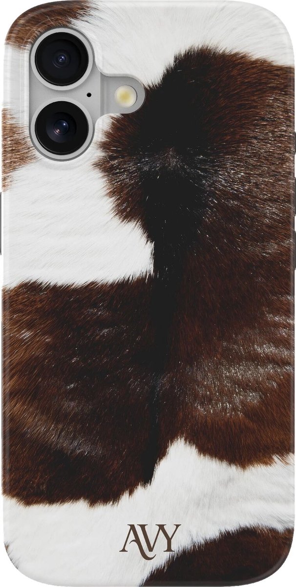 AVY Hoesje geschikt voor Apple iPhone 16 | Rodeo Muse | Koe | Bruin & Wit | Hard Shell Back Cover | Compatibel met MagSafe & Qi2