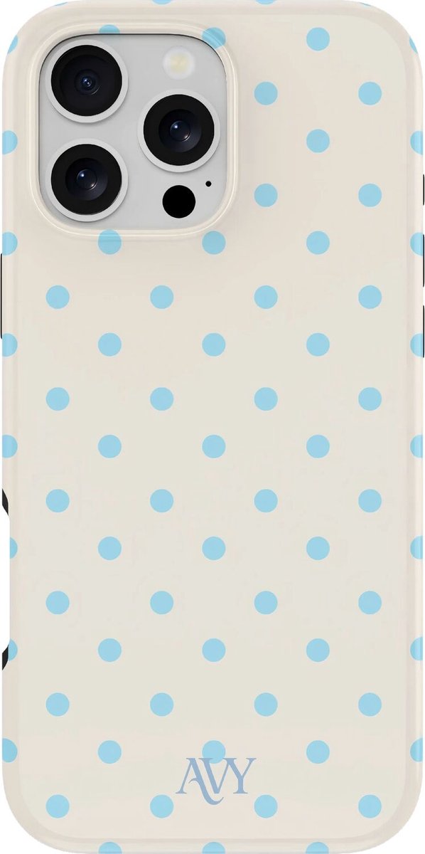 AVY Hoesje geschikt voor Apple iPhone 16 Pro Max | Riviera Dots | Polka Dots | Beige & Blauw | Hard Shell Back Cover | Compatibel met MagSafe & Qi2