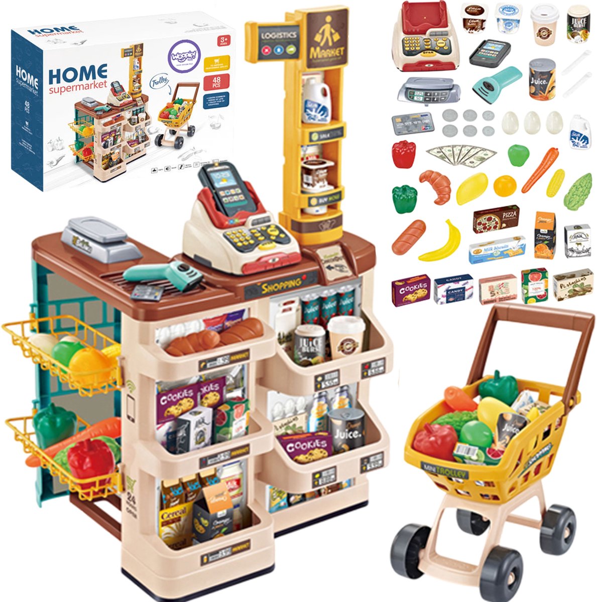 WOOPIE Winkel Supermarkt met kar Gewicht Kassa Scanner + 48 Akc.