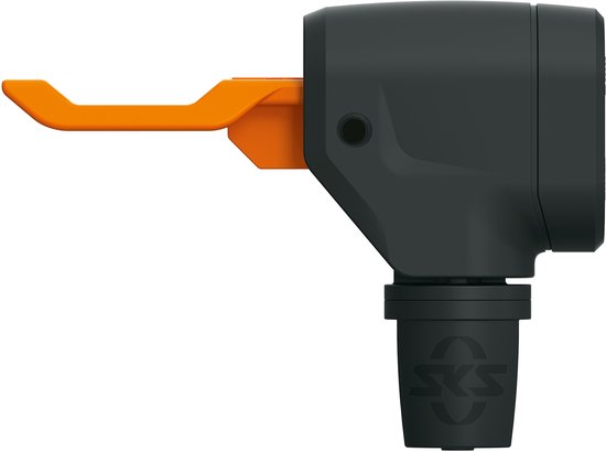 Tête de pompe à vélo noire et orange avec levier orange et logo SKS.