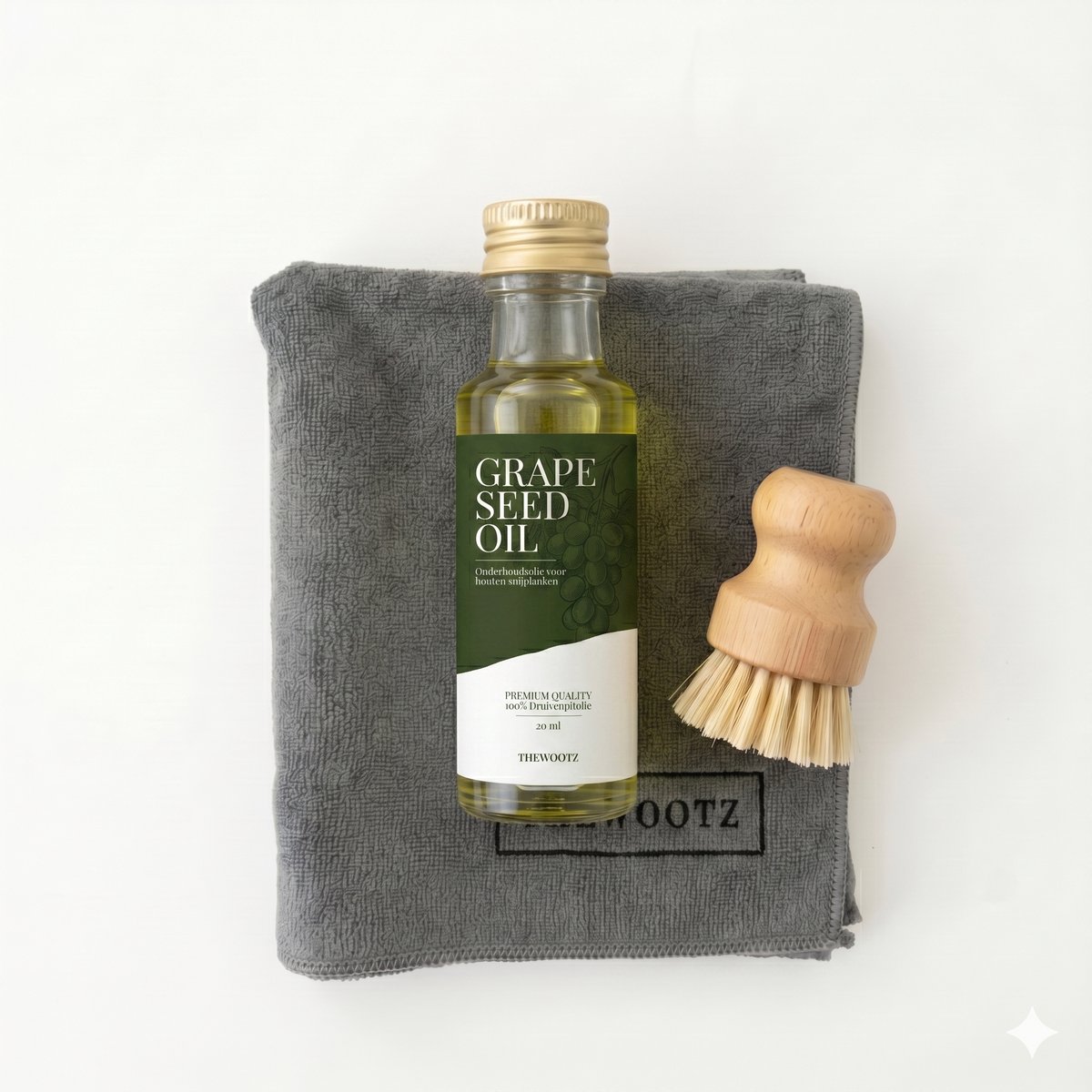TheWootz Onderhoudspakket Snijplank – 100% Druivenpitolie 20ml + Doek + Borstel – Compleet Onderhoud voor Houten & Bamboe Snijplanken
