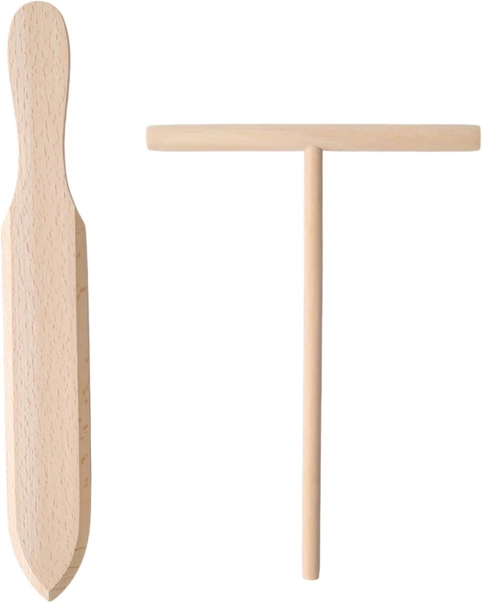 Crêpe Spreider en Spatel Set - Pannenkoek Gereedschap - Beslag Verdelen - Duurzame Houten Constructie - 2 Stuks - Natuurlijk Hout