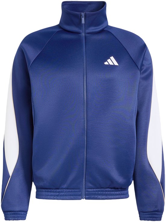 Blauw trainingsjack met witte, gebogen panelen op de mouwen en een wit Adidas logo.