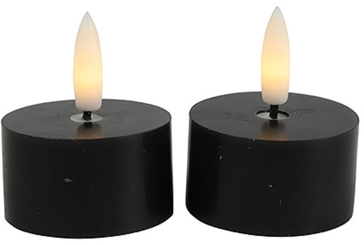 Countryfield LED theelichtjes/waxinelichtjes - 2x st - zwart - D4 x H5,2 cm - met timer