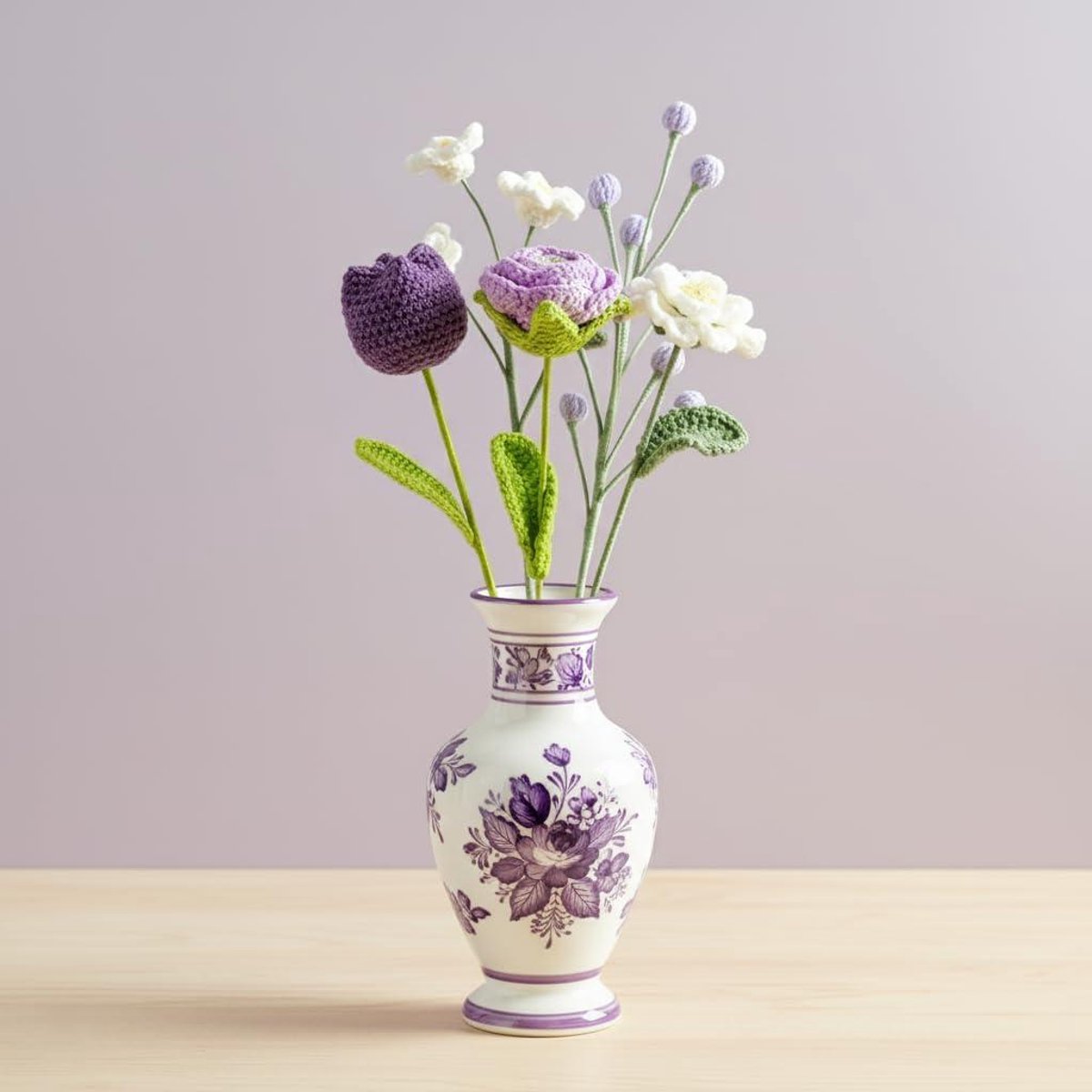 Haakwerk Bloemen - Kroesbloemen - Woondecoratie - Handgemaakt - 35 cm - Wit Paars