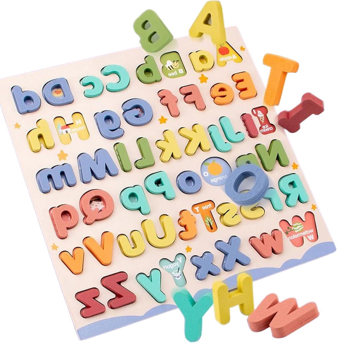 Houten Alfabet Puzzel - Educatieve Puzzel - Leren Lezen - Hoofdletters en Kleine Letters - 30.4 x 28.6 cm