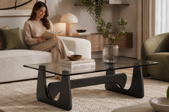 Salontafel - Zwart Hout - Glas - Tafel - Design tafel - Coffee table - Koffietafel