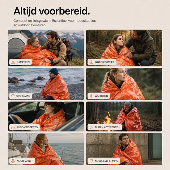 Collage van mensen die oranje nooddekens gebruiken in verschillende situaties: kamperen, noodsituaties, overleving, wandelen, auto-onderweg, buitenactiviteiten, noodpakket, noodbescherming.