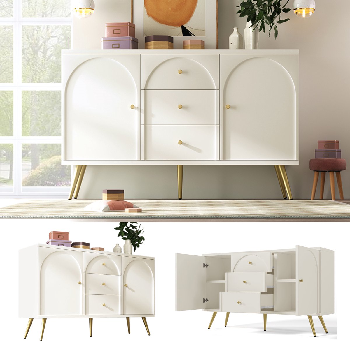 Commode met 2 deuren en 3 lades, wit, verstelbare plank, voor woonkamer/slaapkamer, crèmewit, H84/B140/D40 cm