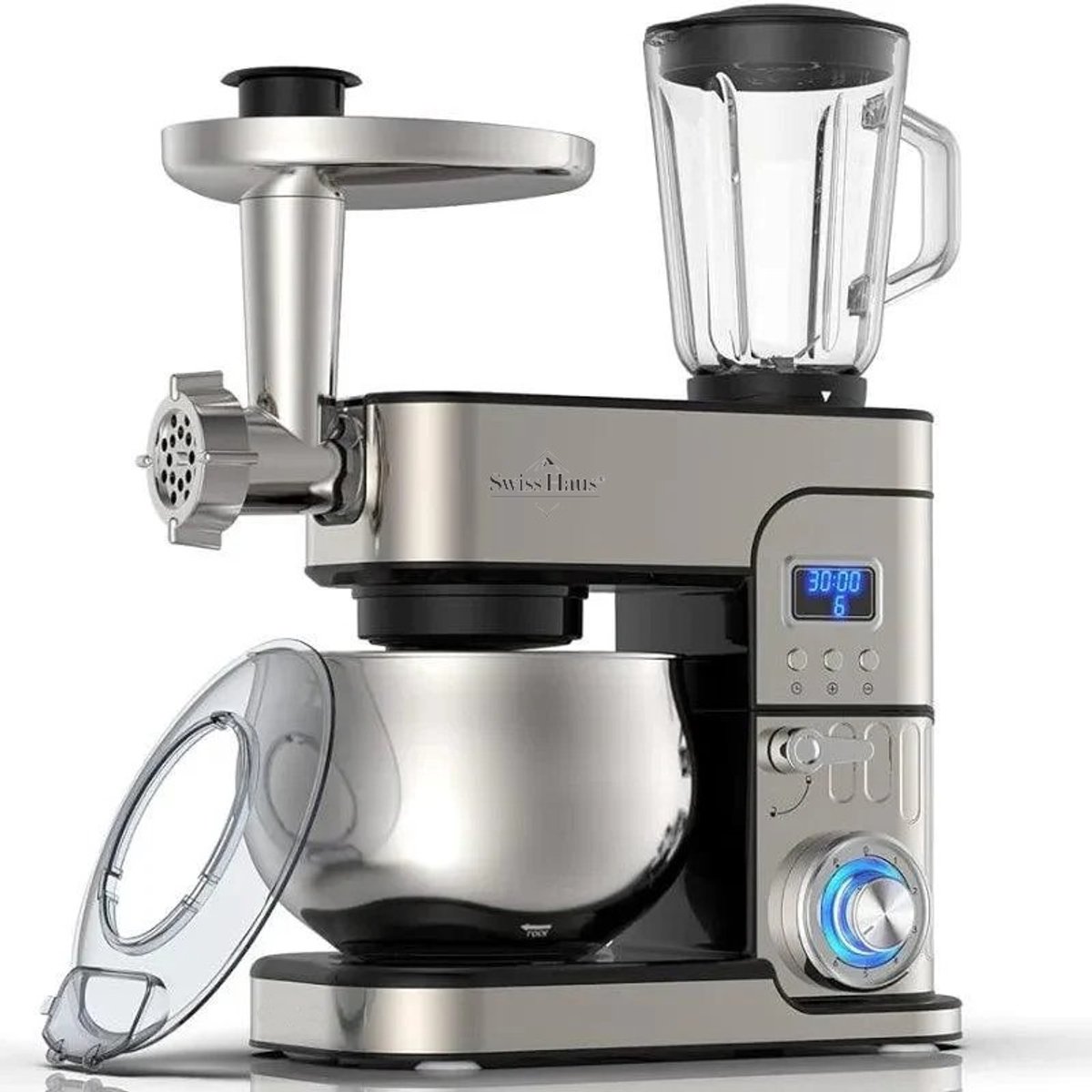 Swiss Haus® KM2206BG Keukenmachine 1300W – 6L RVS Mengkom – Keukenrobot met Timer & LED Display – Foodprocessor met Blender 1.5L & Vleesmolen – 6 Snelheden + Pulse – RVS — afbeelding 2