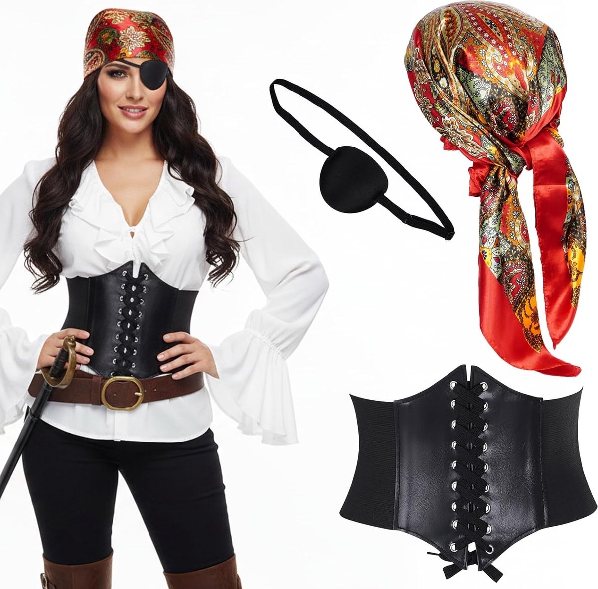 Vrouwelijke Piratenkostuum Accessoires - 3 Delige Set met Hoofddoek, Corset en Ooglapje voor Halloween en Carnaval Cosplay