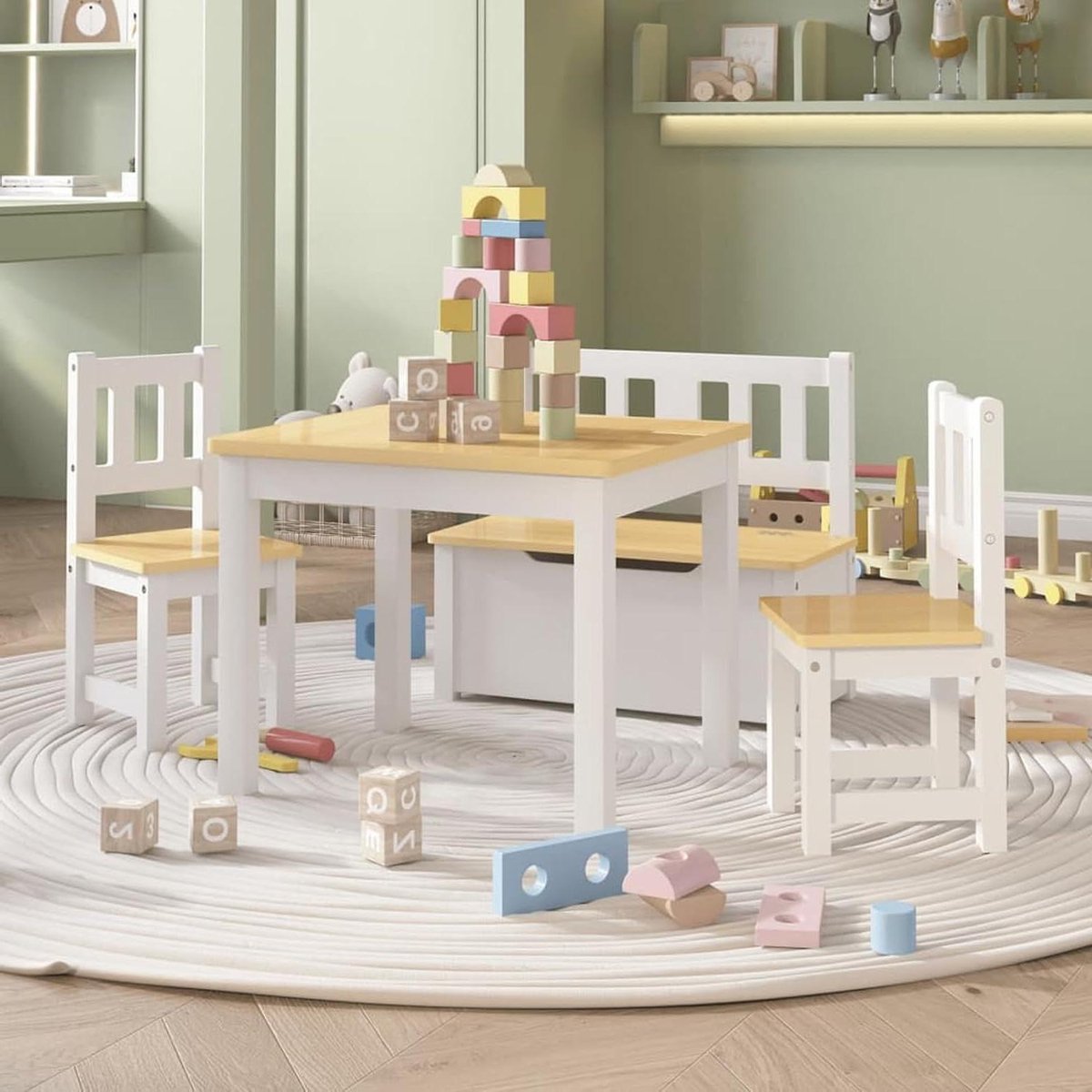 Kindertafel met stoelen - Kinderbureau set - Spelen en knutselen - Houten constructie - 70 x 565 cm