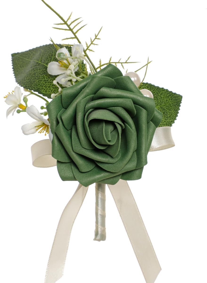 SolidChoice - Boutonnière - Handgemaakte Satin Rozen Boutonnière - Faux Parels - Elegante Groene Bladspeld - Feestelijke Gelegenheden - Uniek Geschenk