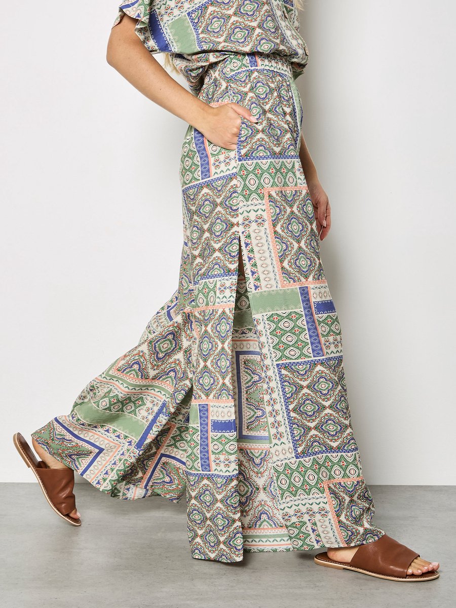 Folk patchwork broek met wijde pijpen