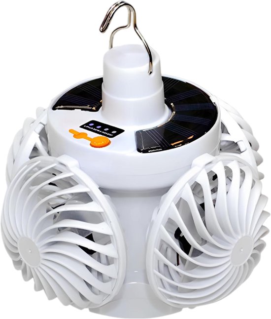 Opvouwbare zonne-energie ventilator met 4 bladen, LED-verlichting, USB-oplaadbaar, draagbaar voor camping en buiten