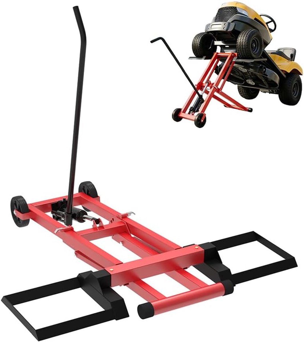 Aufun grasmaaierhefbrug met hydraulische krik, 3-traps hoogteverstelling, draagvermogen 227 kg, stalen frame, PVC-wielen 12 cm, hefinrichting voor zitmaaiers en grasmaaiers