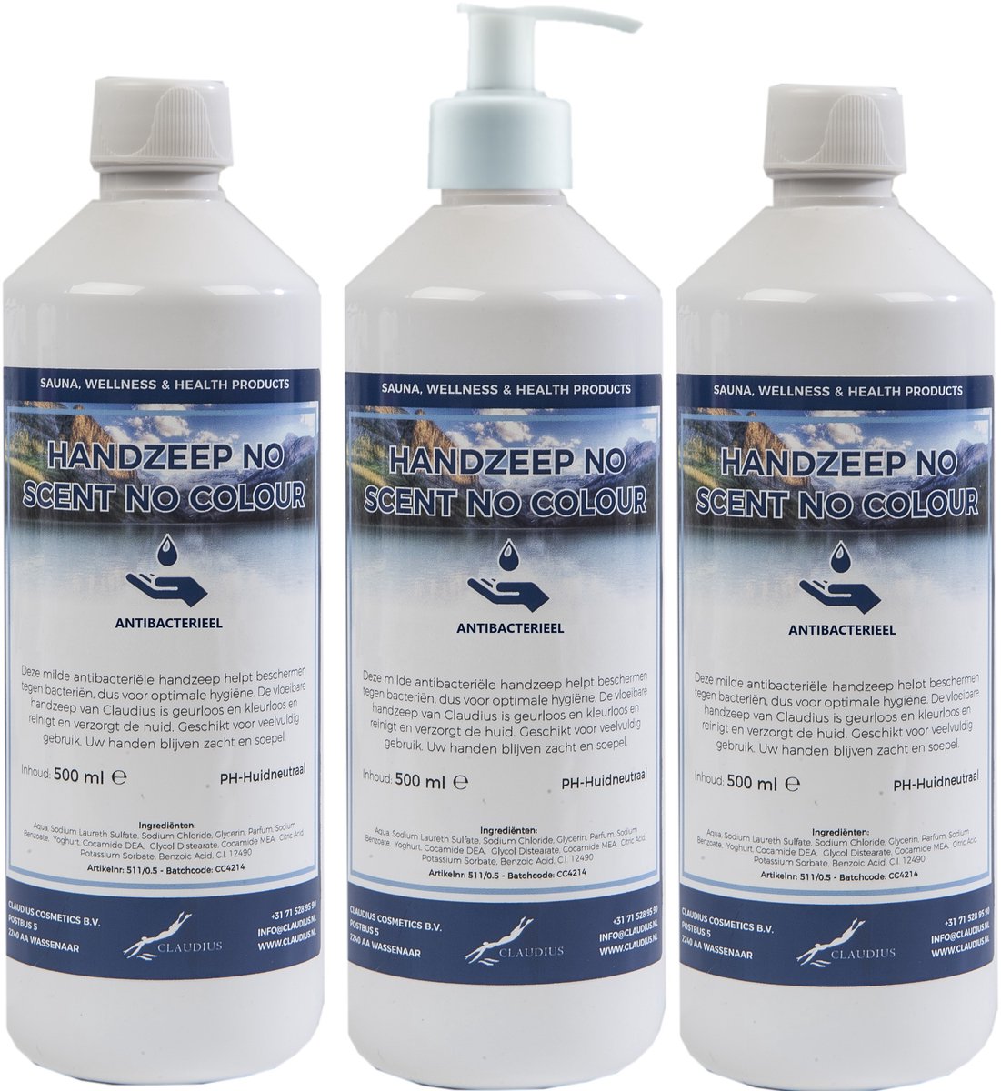 Handzeep No Scent No Colour 500 ml - set van 3 stuks - met gratis pomp - Voordeelverpakking