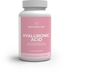NATURECAN Hyaluronic Acid fles met roze label, op witte achtergrond. Tekst: "HYALURONIC ACID 400mg per serving, vegan."