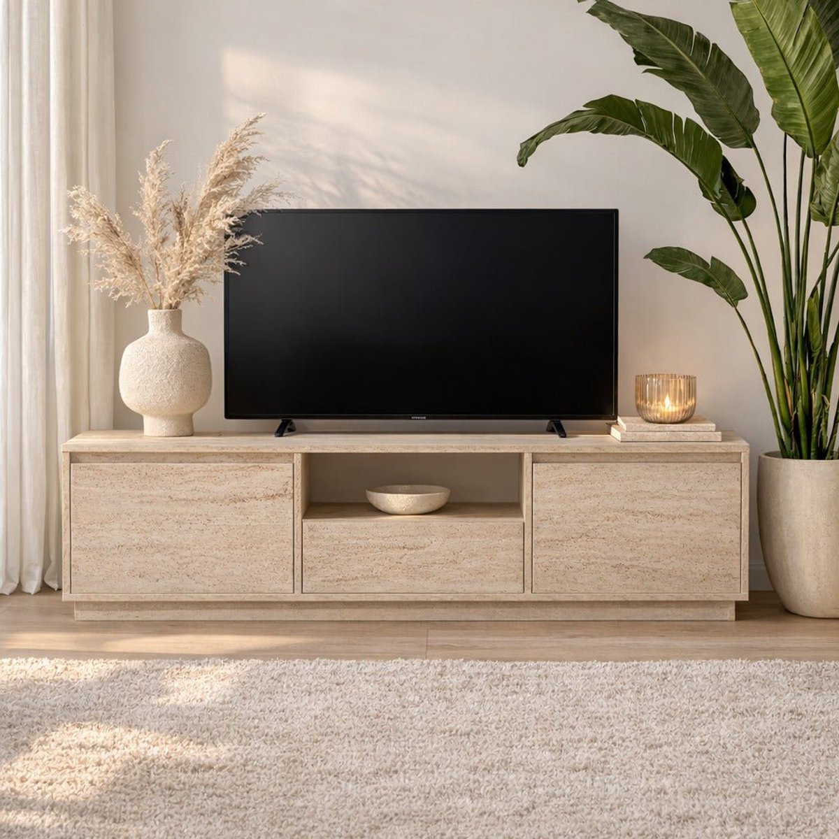 TV Meubel Japandi Travertin Melamine - drie kastjes - 160x42x29,5 cm - Flare