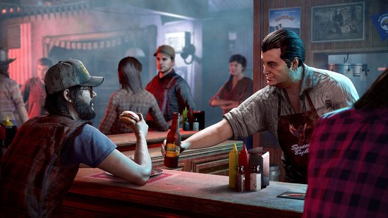 Een barman met een schort geeft een klant een hamburger en een flesje bier.