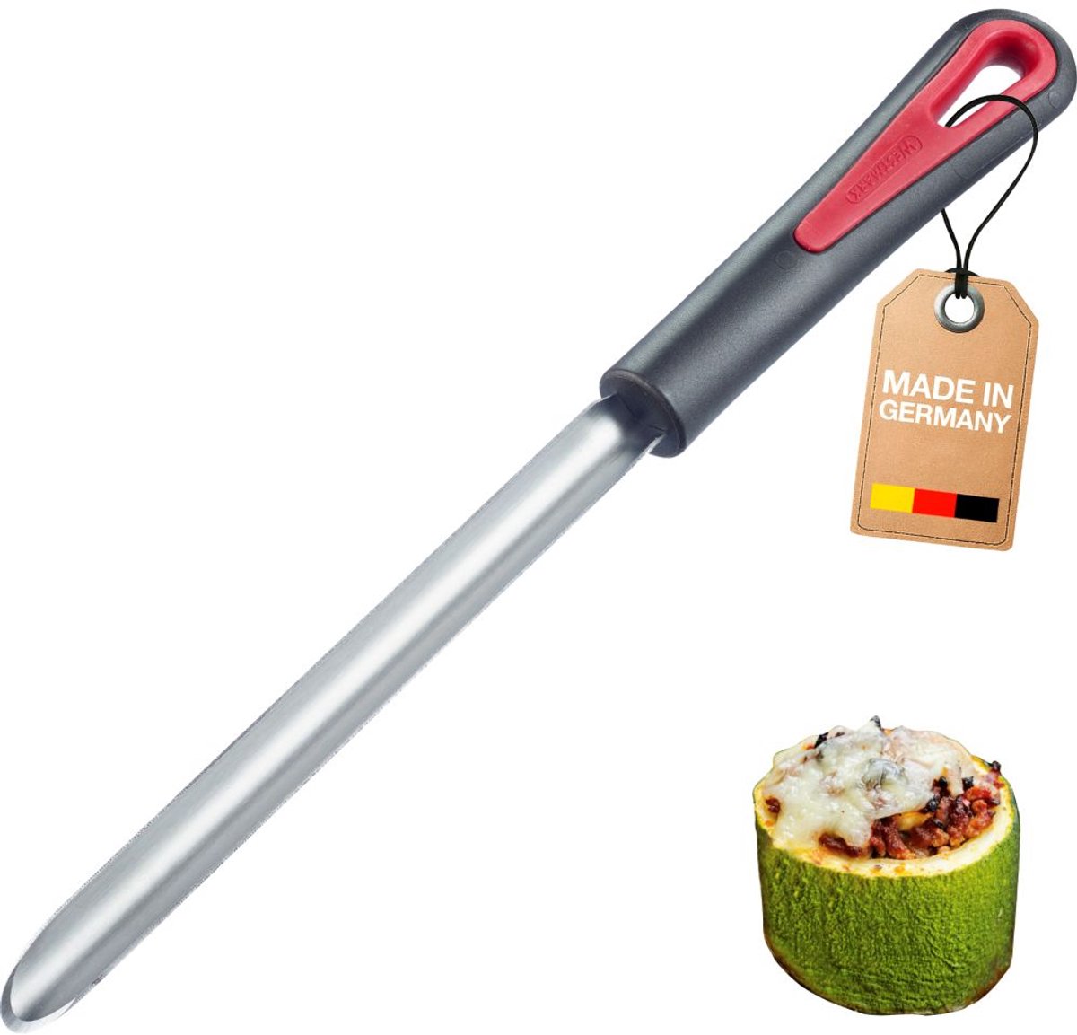Westmark Courgette-uitholler Gallant – Ideaal voor het uithollen van courgettes en andere groenten voor heerlijke vullingen, comfortabel soft-touch-handvat – Zwart/rood/zilver