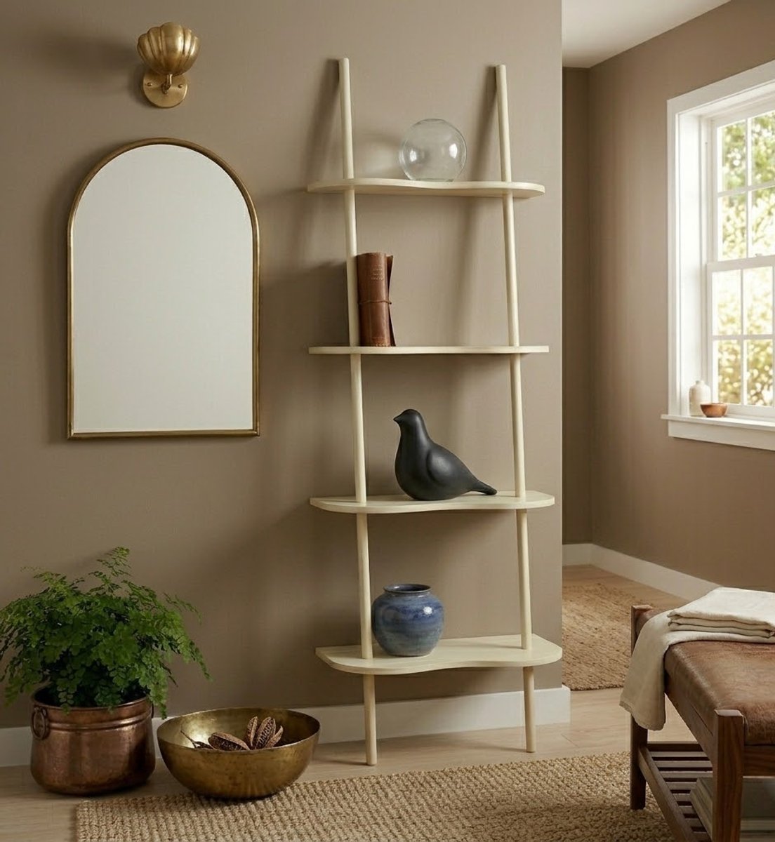 Modern Ladderrek Wit - Gebogen Planken - 174x57 cm - Scandi Boekenkast - Wave Design Kast - Houten Ladderrek - Minimalistisch