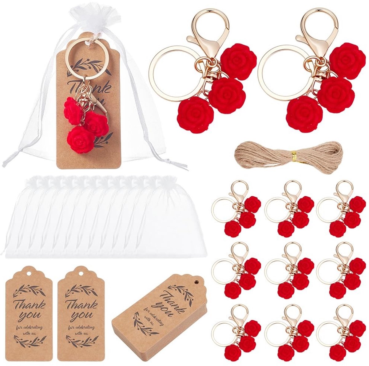 aladdien - Sleutelhangers met Bedanklabels - 40 Roze Sleutelhangers met Organza Zakjes - Feestaccessoires - Verjaardag - Bedankjes - Decoratie - Ges...