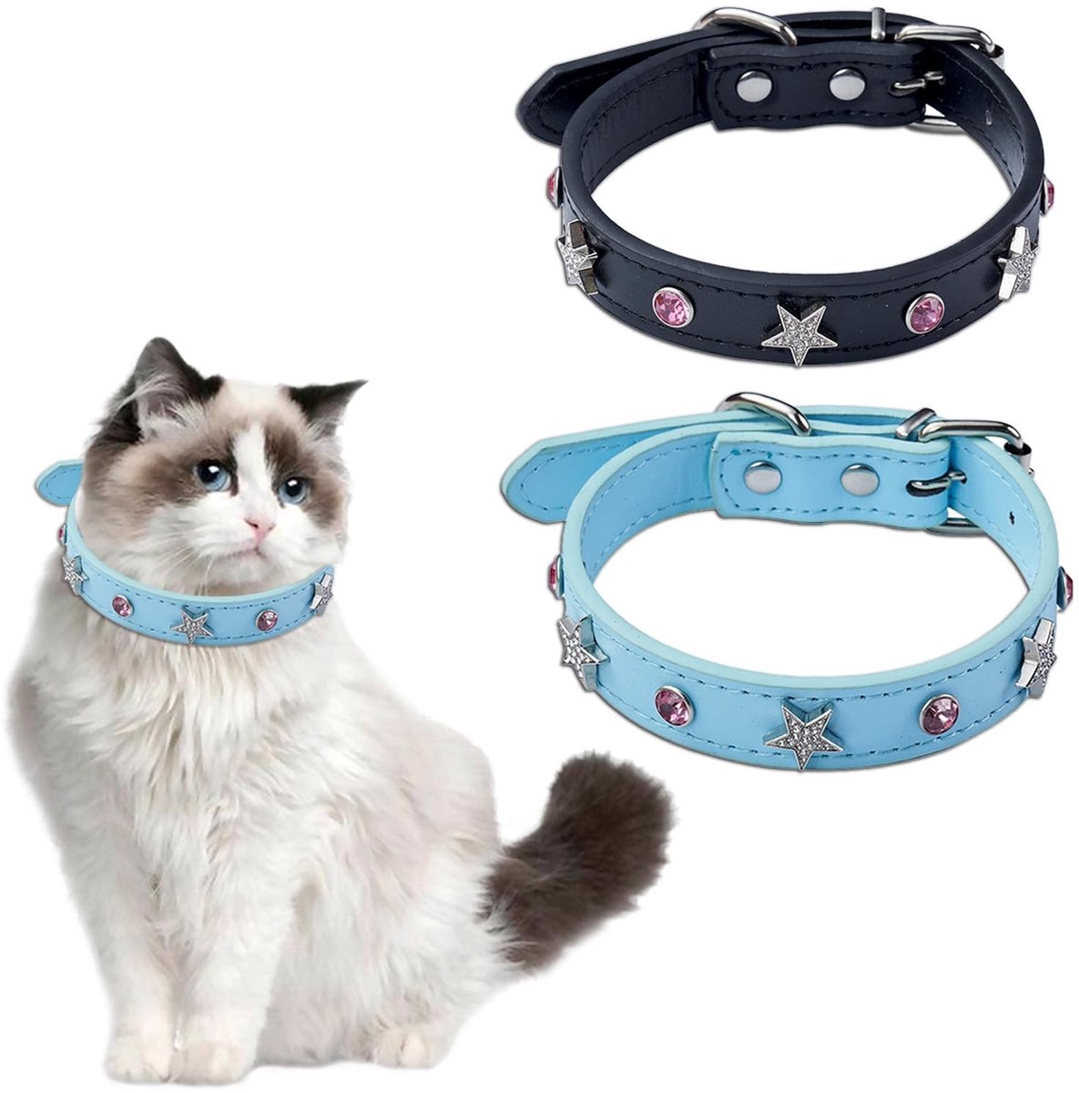 ONF3 - Kattenhalsband - Verstelbaar PU Leer - Sparkling met Sterren en Roze Strass - 2 Stuks - Dierenaccessoire - Kattenmode - Veiligheidsriem -...