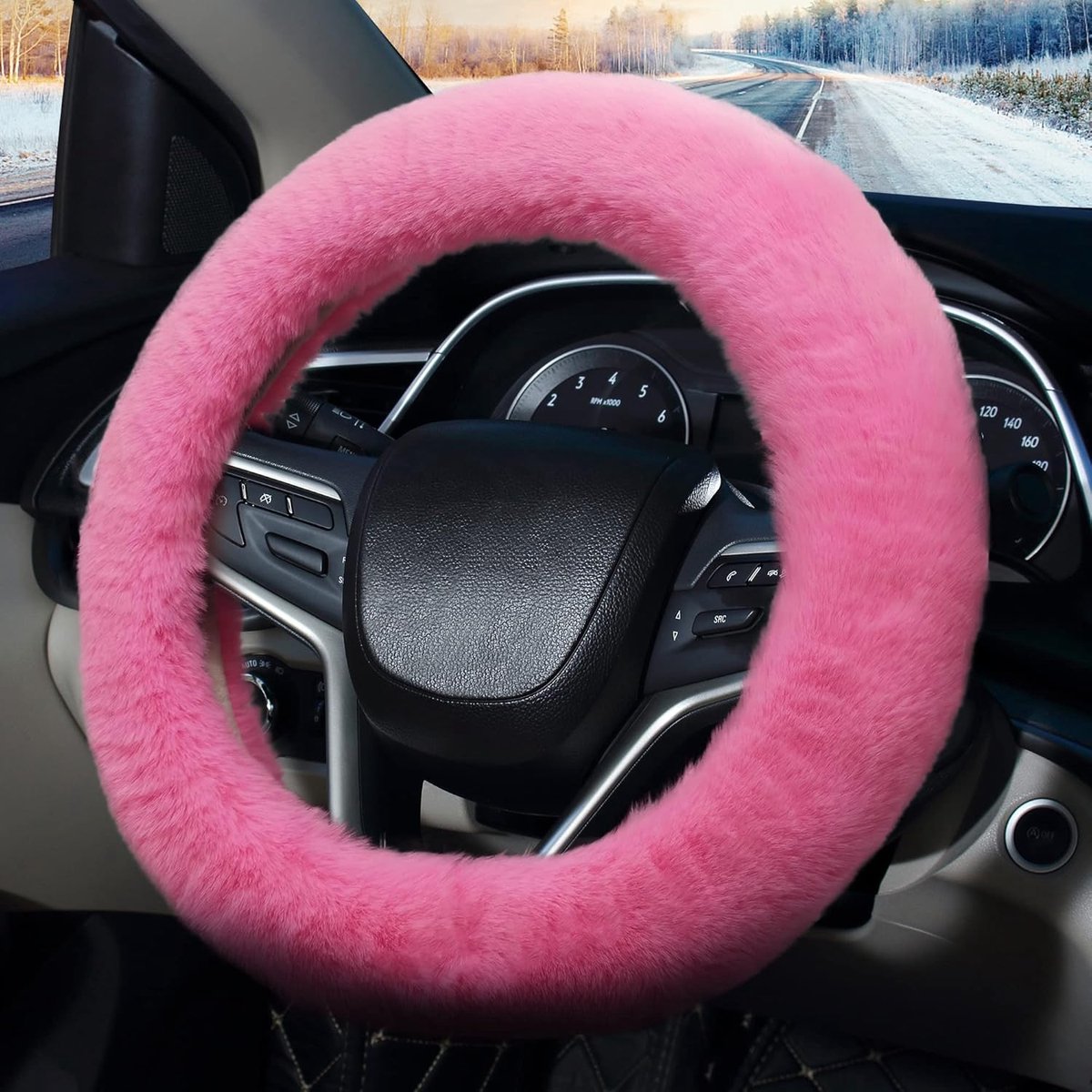Famanu – Pluizige stuurwielhoes, zachte antislip pluche, universeel voor stuurwielen van 36-39 cm, roze