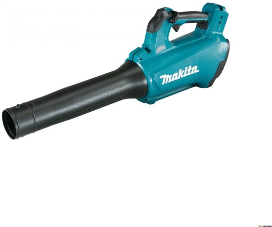 Turquoise Makita bladblazer met zwarte mondstuk en handvat.