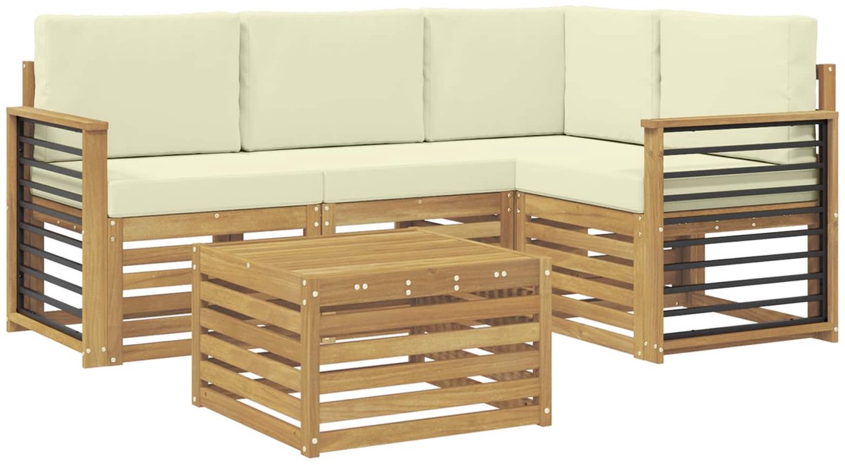 vidaXL Buiten - bank - set - 5 - st - 4-zits - Wit - en - crèmekleurig - Polyester Wit en crèmekleurig