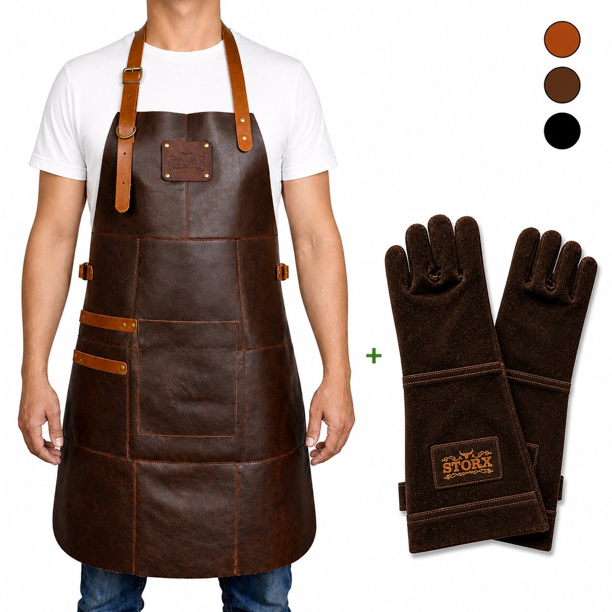 Leren BBQ Schort + Leren Handschoenen – Donker Bruin Leer – 2 Jaar Garantie – Premium & Stoer Kookschort voor Mannen – Barbecue Schort met Grote Zak en Handdoeklus – Perfect Cadeau voor Vaderdag, Kerst of Verjaardag