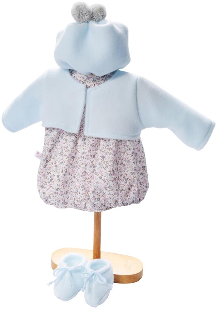 Asi poppenkleding - gebloemd rompertje met blauw jasje en muts.