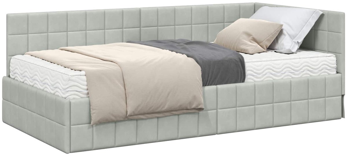 vidaXL Hoekbedframe - met - Matras - 2 - st - Lichtgrijs - 100 - x - 200 - cm - Fluweel