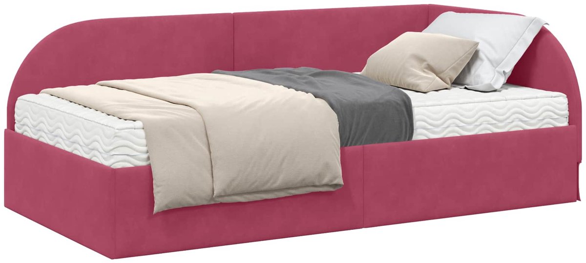 vidaXL Hoekbedframe - met - Matras - 2 - st - Wijnrood - 90 - x - 200 - cm - Fluweel