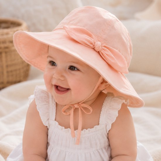 Zonnehoedje roze Effen hoed met strik baby meisje dreumes (0-2 jaar) - zalmroze zomer hoed