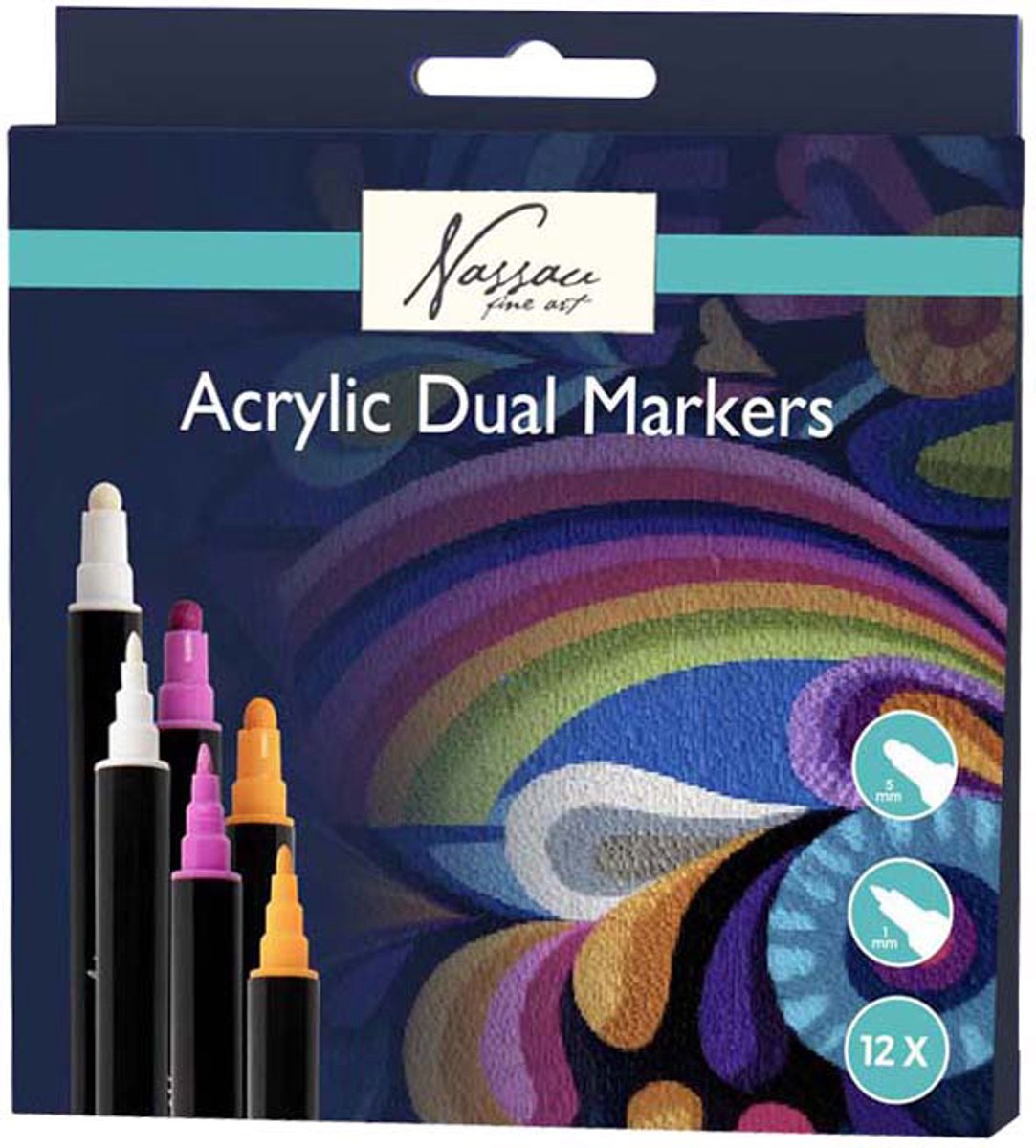 Acrylmarker nassau dual tip set à 12 kleuren