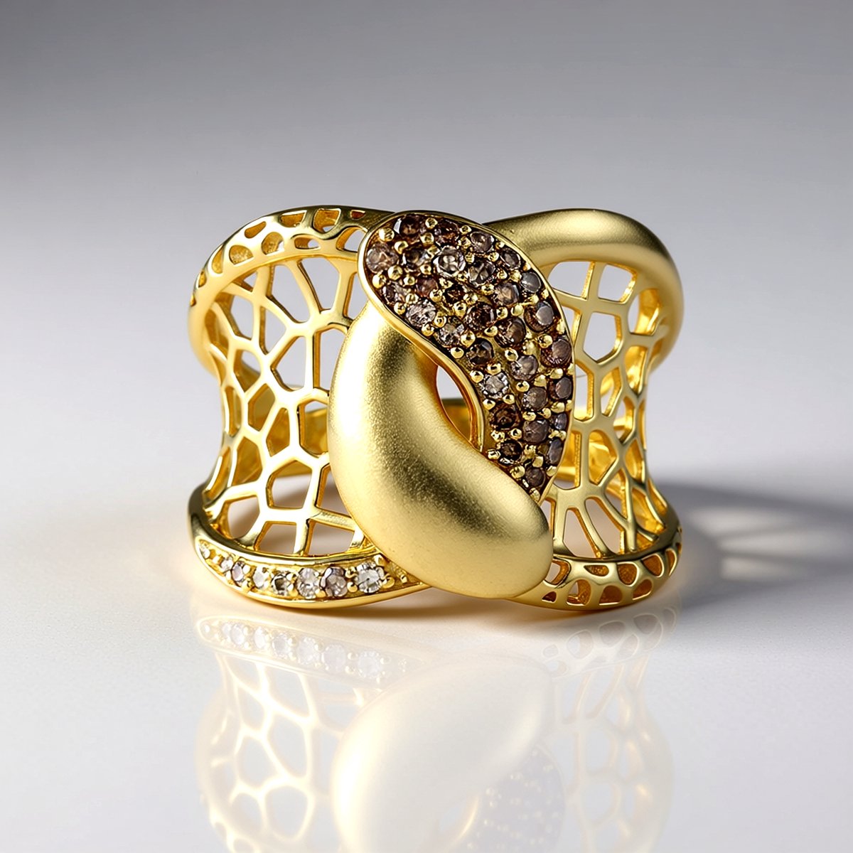 Cavill - Elegante Gouden Ring 375 Geel Goud - I2 Champagne Diamanten 0,335 ct - Ronde Briljant Pave Ring Dames Modern Filigraan