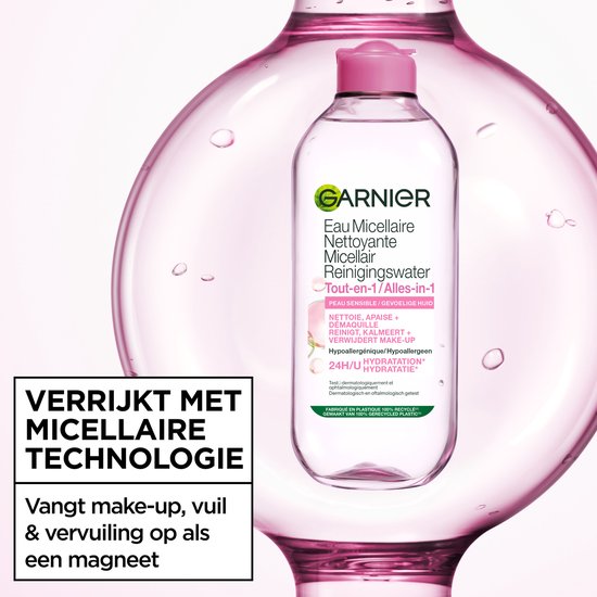 Garnier Micellair Reinigingswater in een fles met roze dop, omringd door bubbels. Tekst 'Verrijkt met micellaire technologie'.