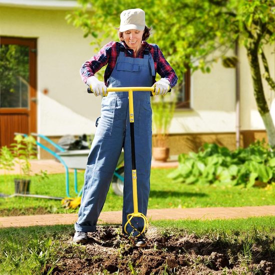Ulisem - Handmatige tuinfrees - 16.5 inch gebogen handvat - 4 gepunte tanden - Voor zware grond - Verwijder onkruid en belucht de bodem - Staal - Geschikt voor verhoogde bedden - Demontabele rototiller 360° - Helemaal Geel van Ulisem — afbeelding 2