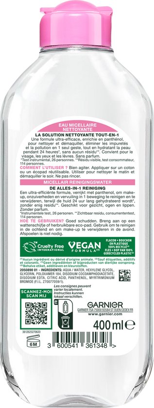 Garnier micellair reinigingswater met roze dop, 400ml. Cruelty Free en Vegan gecertificeerd.