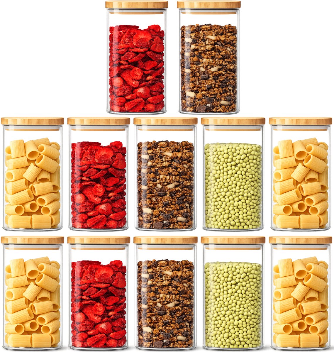 Glazen Voorraadpotten Set - 12 delig - Borosilicaatglas - Bamboe deksel - 1000ml & 1750ml - Stapelbaar - Incl krijtlabels